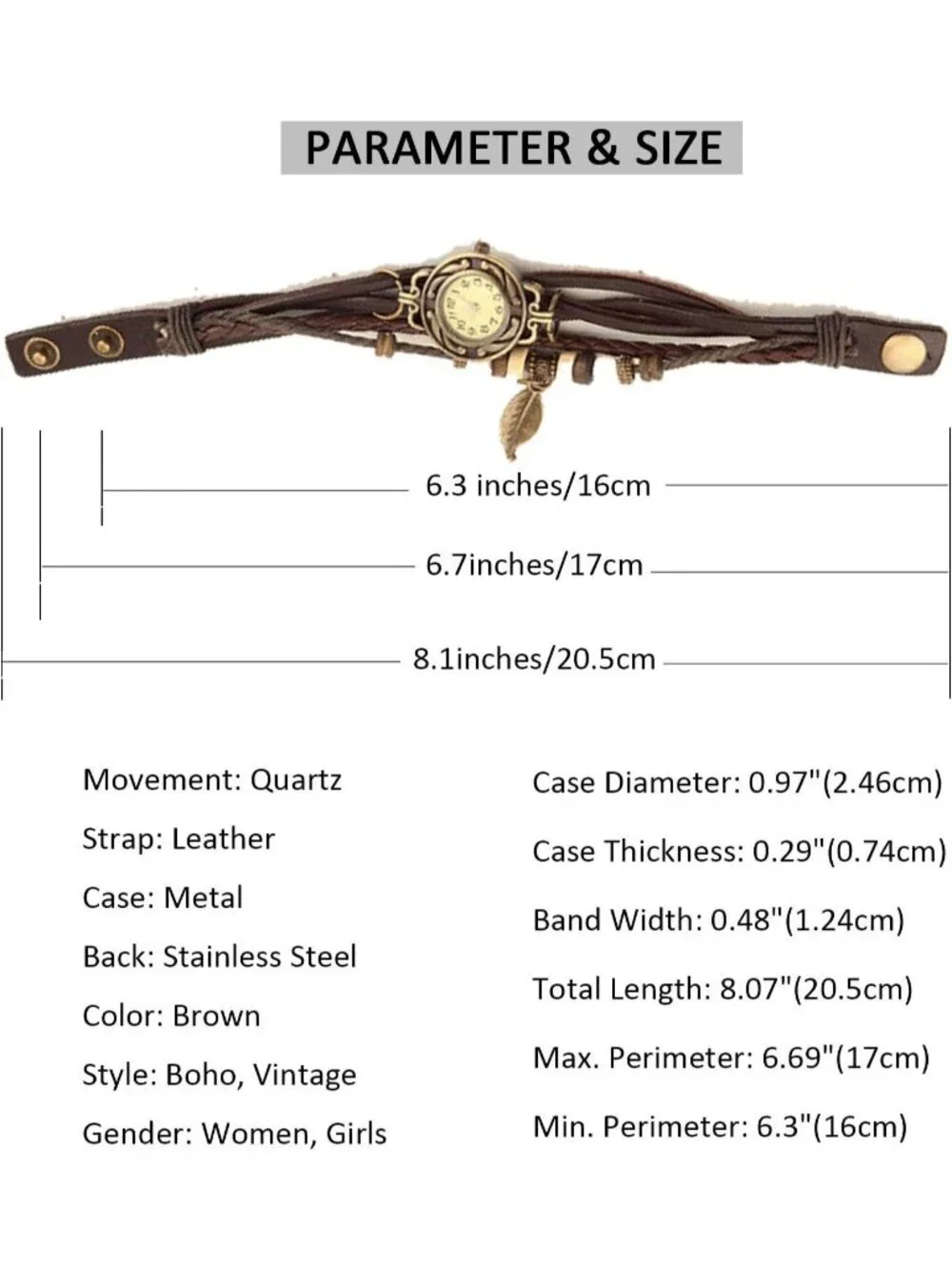 Women's Brown Analog Quartz Leaf Bracelet Weave Wrap Around Leather Wrist Watch